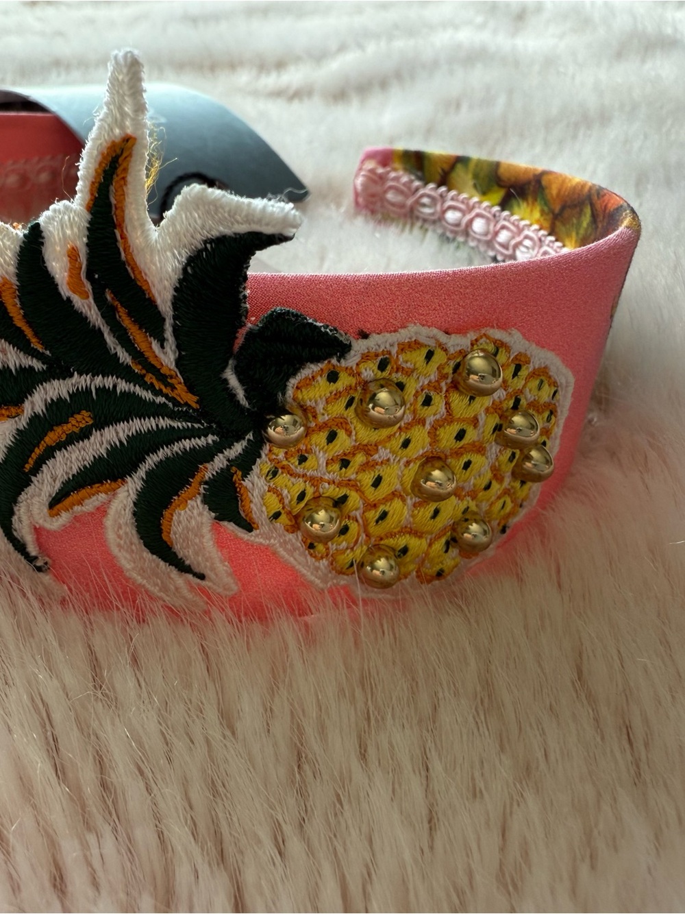 Dolce & Gabbana Pink Headband with Embroidered Pineapple and Gold Studs